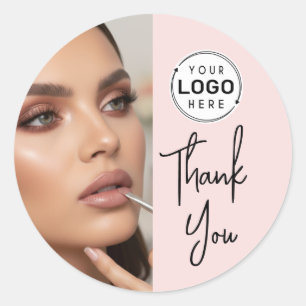 Blush Pink Script Logo Photo Makeup Thank You Classic Round Sticker