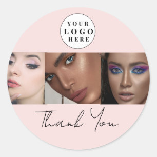 Blush Pink Script Logo Photo Makeup Thank You Classic Round Sticker