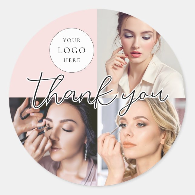 Blush Pink Script Logo Photo Makeup Thank You Classic Round Sticker (Front)