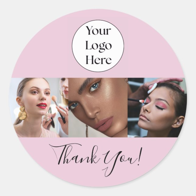 Blush Pink Script Logo Photo Makeup Thank You Classic Round Sticker (Front)