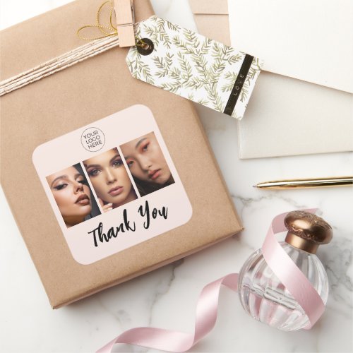 Blush Pink Script Logo Photo Makeup Thank You Square Sticker