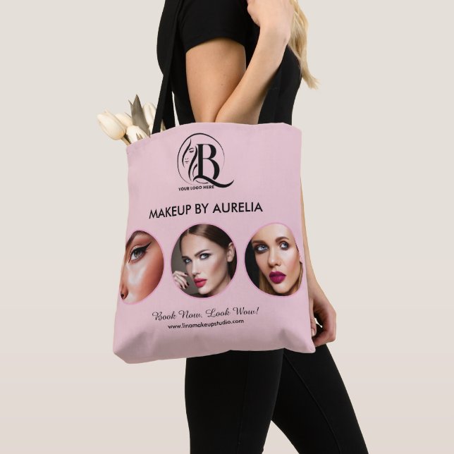 Blush Pink Script Logo Photo Makeup Tote Bag (Close Up)