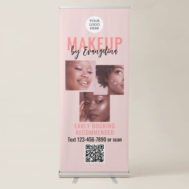 Blush Pink Script Logo QR Code 3 Photo Makeup Retractable Banner (Front)