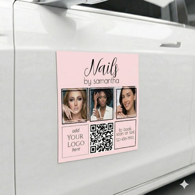 Blush Pink Script Logo QR Code 3 Photo Nail Salon Car Magnet (Creator Uploaded)