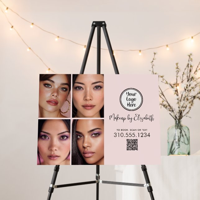 Blush Pink Script Logo QR Code 4 Photo Makeup Chic Foam Board (In Situ (Stand))
