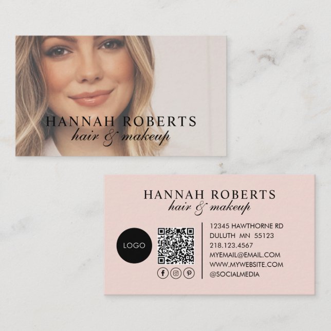Blush Pink Script Logo QR Code Photo Business Card (Front/Back)