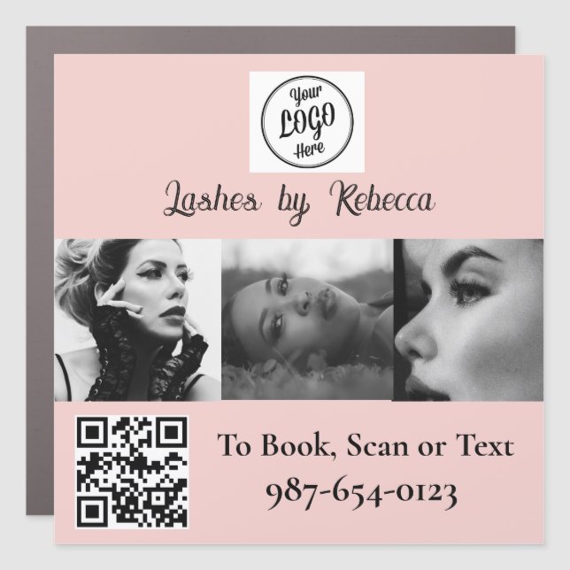 Blush Pink Script Logo QR Code Photo Eye Lashes Car Magnet (Front)