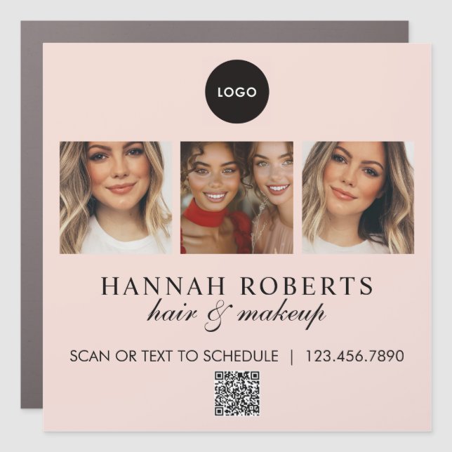 Blush Pink Script Logo QR Code Photo Hair Makeup Car Magnet (Front)