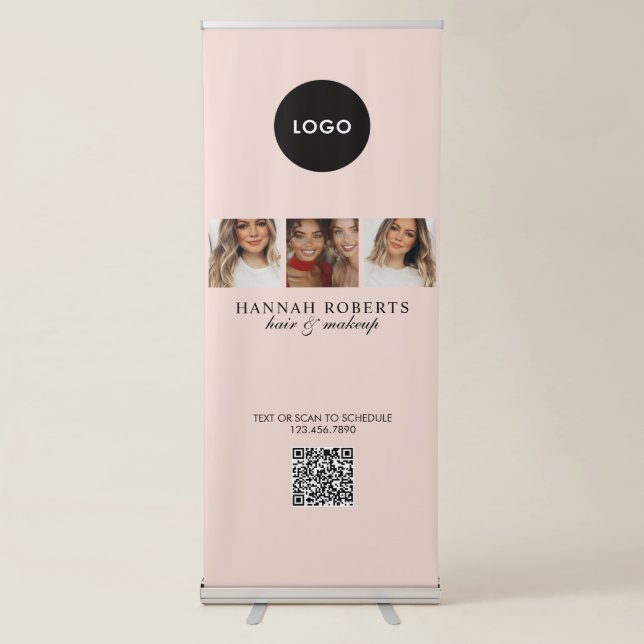 Blush Pink Script Logo QR Code Photo Hair Makeup Retractable Banner (Front)