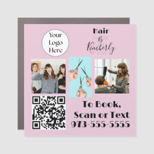 Blush Pink Script Logo QR Code Photo Hair Salon Car Magnet