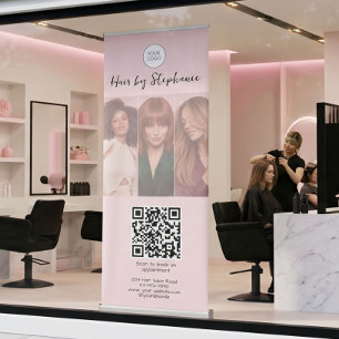 Blush Pink Script Logo QR Code Photo Hair Salon Retractable Banner