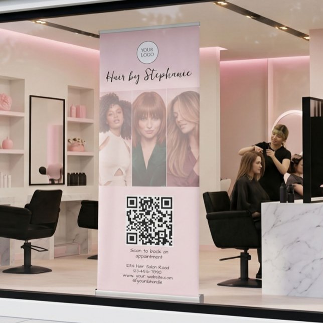Blush Pink Script Logo QR Code Photo Hair Salon Retractable Banner (Creator Uploaded)