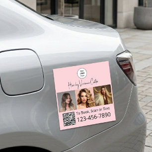 Blush Pink Script Logo QR Code Photo Hair Studio Car Magnet