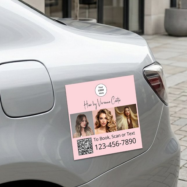 Blush Pink Script Logo QR Code Photo Hair Studio Car Magnet (Blush Pink Script Logo QR Code Photo Hair Studio Car Magnet)