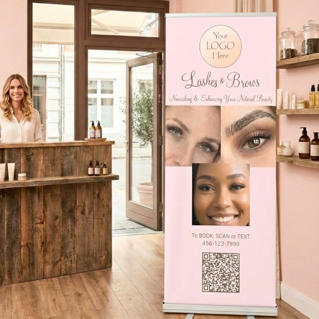 Blush Pink Script Logo QR Code Photo Lashes Brows Retractable Banner (Creator Uploaded)
