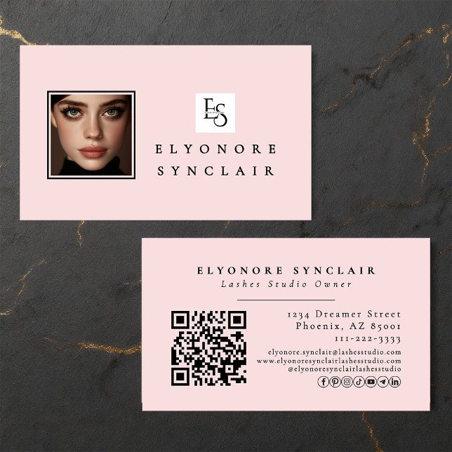 Blush Pink Script Logo QR Code Photo Lashes Business Card (Creator Uploaded)