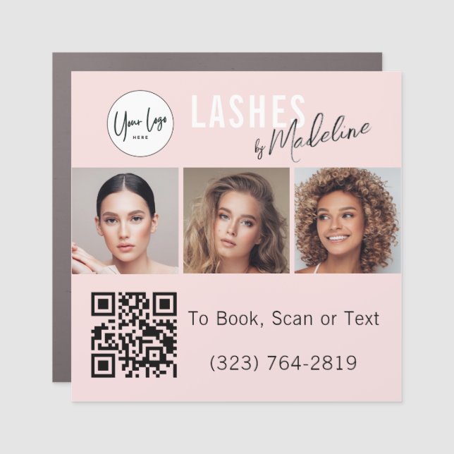 Blush Pink Script Logo QR Code Photo Lashes Car Magnet (Front)