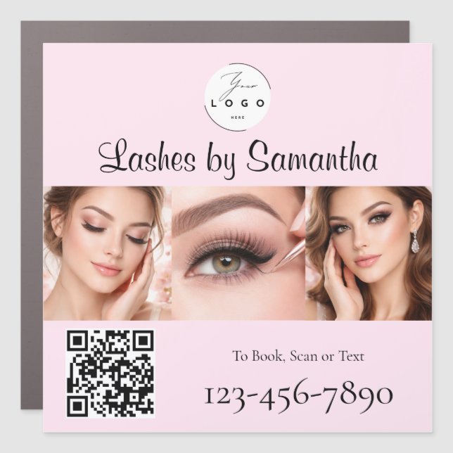 Blush Pink Script Logo QR Code Photo Lashes Car Magnet (Front)