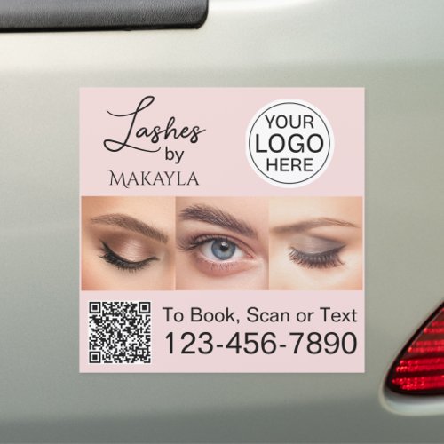 Blush Pink Script Logo QR Code Photo Lashes Car Magnet