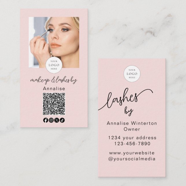 Blush Pink Script Logo QR Code Photo Lashes Makeup Business Card (Front/Back)