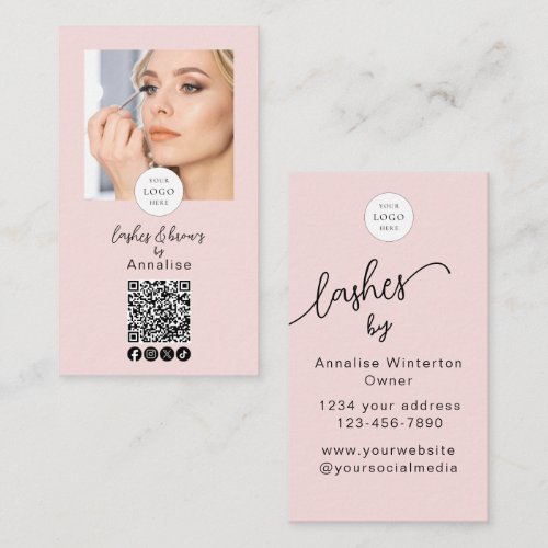 Blush Pink Script Logo QR Code Photo Lashes Makeup Business Card