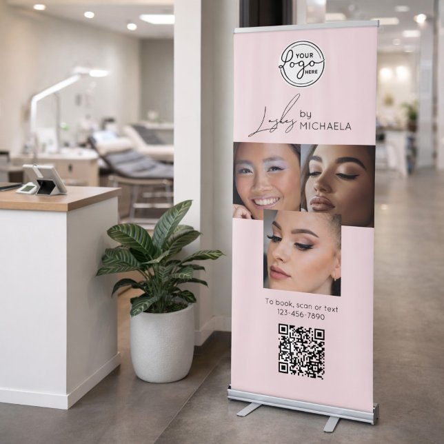 Blush Pink Script Logo QR Code Photo Lashes Retractable Banner (Creator Uploaded)