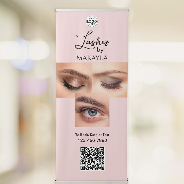 Blush Pink Script Logo QR Code Photo Lashes Retractable Banner (Creator Uploaded)