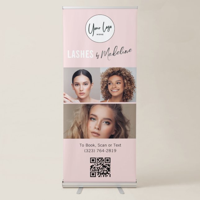 Blush Pink Script Logo QR Code Photo Lashes Retractable Banner (Front)
