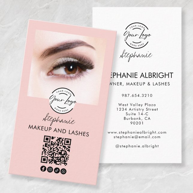 Blush Pink Script Logo QR Code Photo Lashes Studio Business Card (Creator Uploaded)