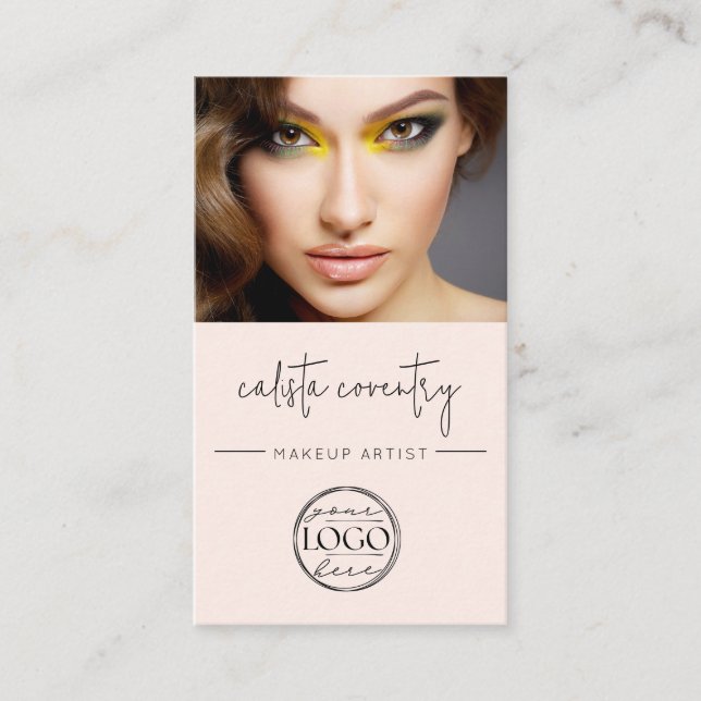 Blush Pink Script Logo QR Code Photo Makeup Business Card (Front)