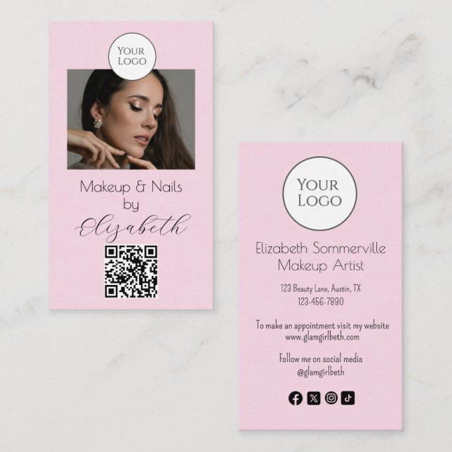 Blush Pink Script Logo QR Code Photo Makeup  Business Card (Front/Back)