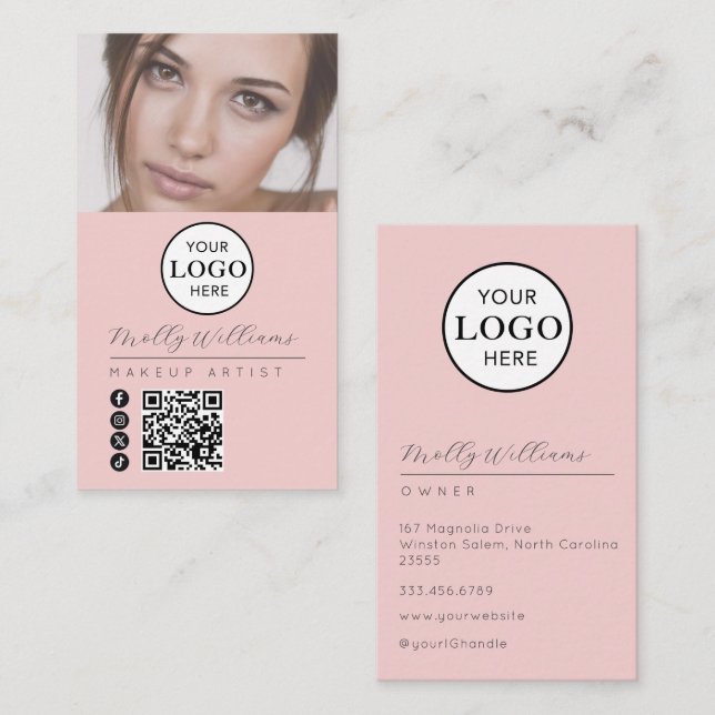 Blush Pink Script Logo QR Code Photo Makeup Business Card (Front/Back)