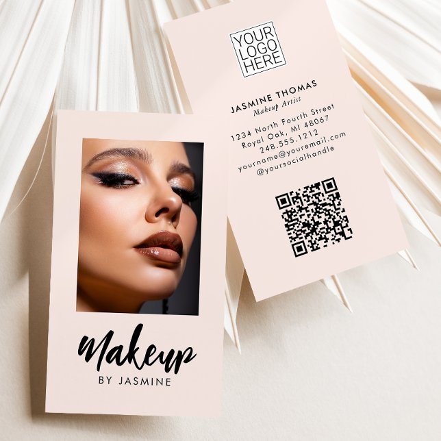 Blush Pink Script Logo QR Code Photo Makeup Business Card (Creator Uploaded)