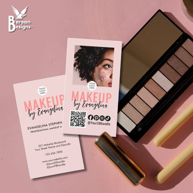 Blush Pink Script Logo QR Code Photo Makeup Business Card (Elevate your MUA branding: Stylish BLUSH PINK MAKEUP BUSINESS CARD with QR code & social media icons)
