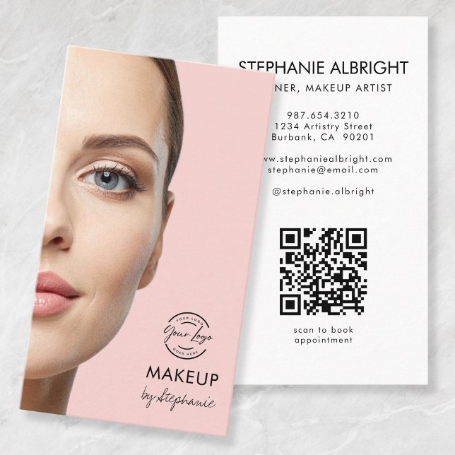 Blush Pink Script Logo QR Code Photo Makeup Business Card (Creator Uploaded)