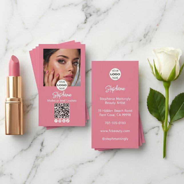 Blush Pink Script Logo QR Code Photo Makeup Business Card (Creator Uploaded)