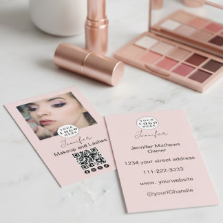 Blush Pink Script Logo QR Code Photo Makeup Business Card