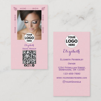 Blush Pink Script Logo QR Code Photo Makeup Business Card