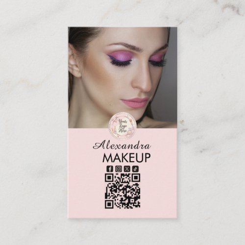 Blush Pink Script Logo QR Code Photo Makeup Business Card