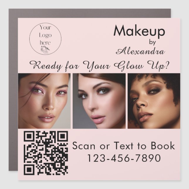 Blush Pink Script Logo QR Code Photo Makeup Car Magnet (Front)