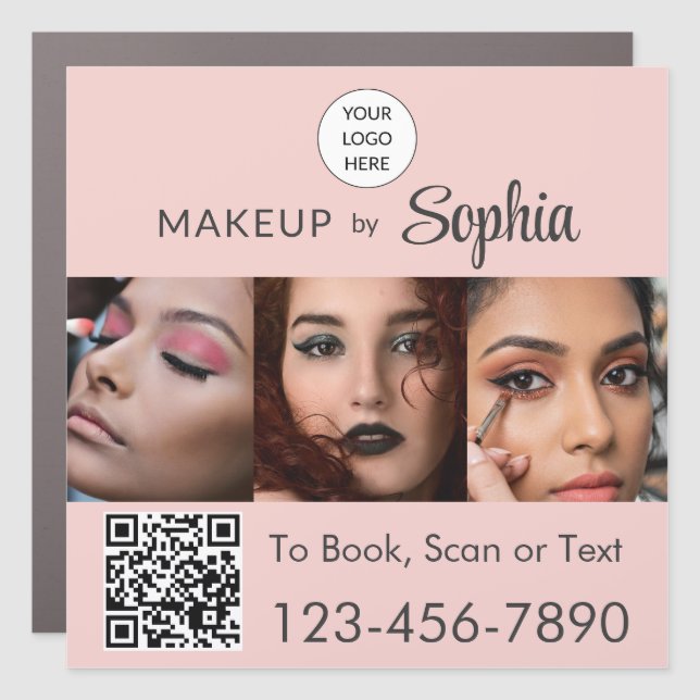 Blush Pink Script Logo QR Code Photo Makeup Car Magnet (Front)