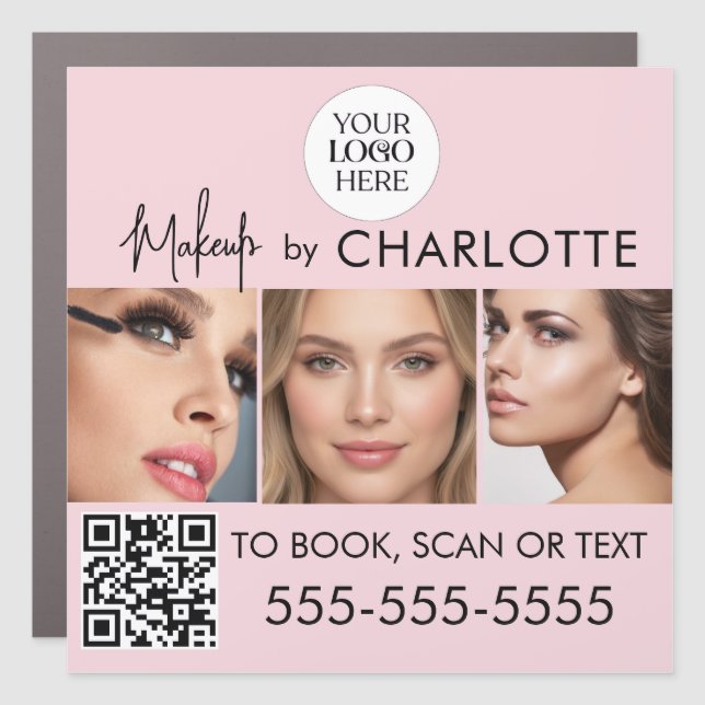 Blush Pink Script Logo QR Code Photo Makeup Car Magnet (Front)