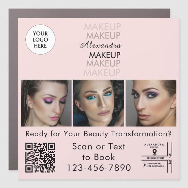 Blush Pink Script Logo QR Code Photo Makeup Car Magnet (Front)
