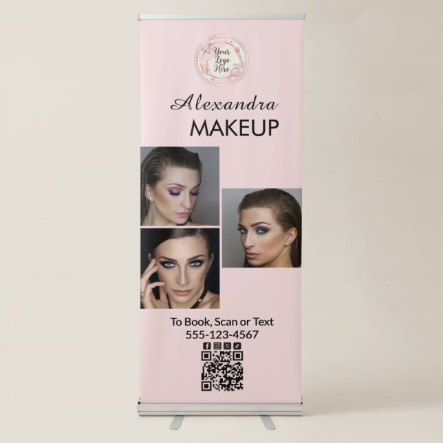 Blush Pink Script Logo QR Code Photo Makeup Retractable Banner (Front)