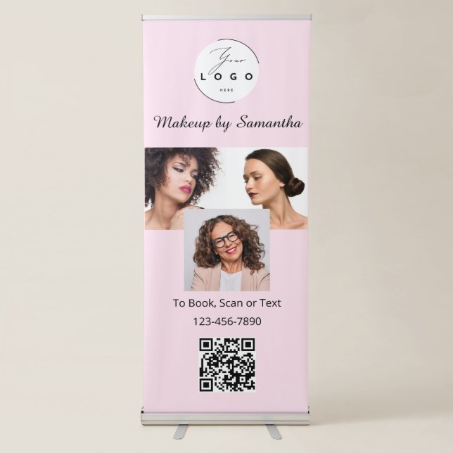 Blush Pink Script Logo QR Code Photo Makeup Retractable Banner (Front)