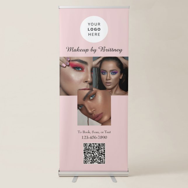 Blush Pink Script Logo QR Code Photo Makeup  Retractable Banner (Front)