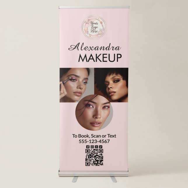 Blush Pink Script Logo QR Code Photo Makeup Retractable Banner (Front)