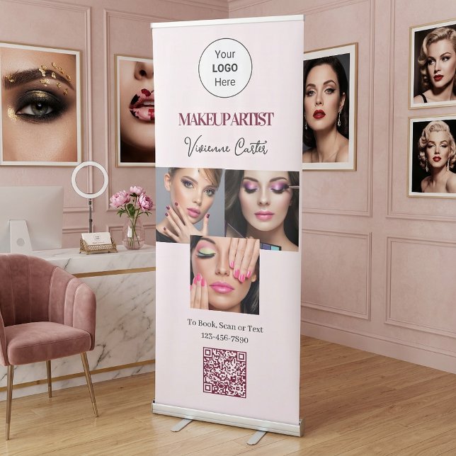 Blush Pink Script Logo QR Code Photo Makeup Retractable Banner (Blush Pink Script Logo QR Code Photo Makeup Retractable Banner)