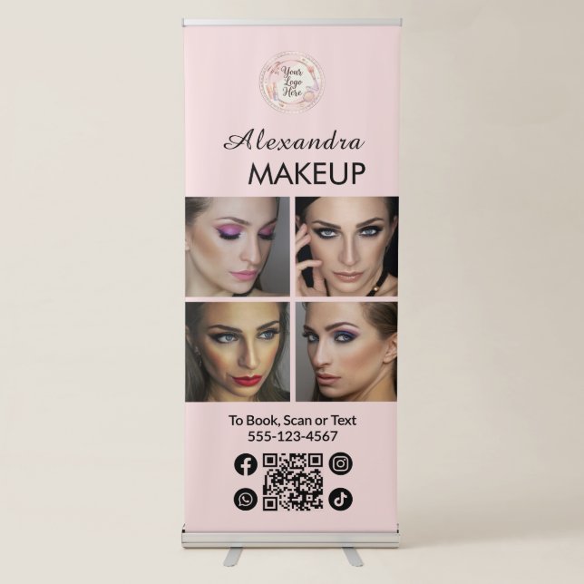 Blush Pink Script Logo QR Code Photo Makeup Retractable Banner (Front)