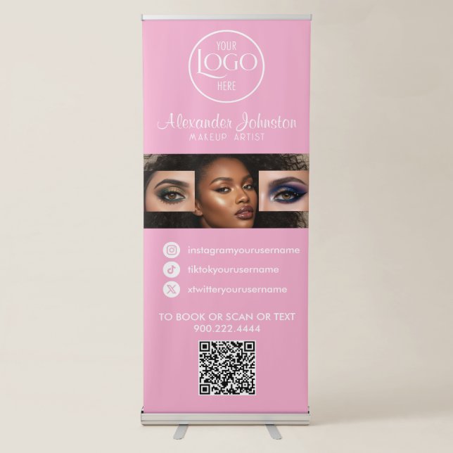 Blush Pink Script Logo QR Code Photo Makeup Retractable Banner (Front)